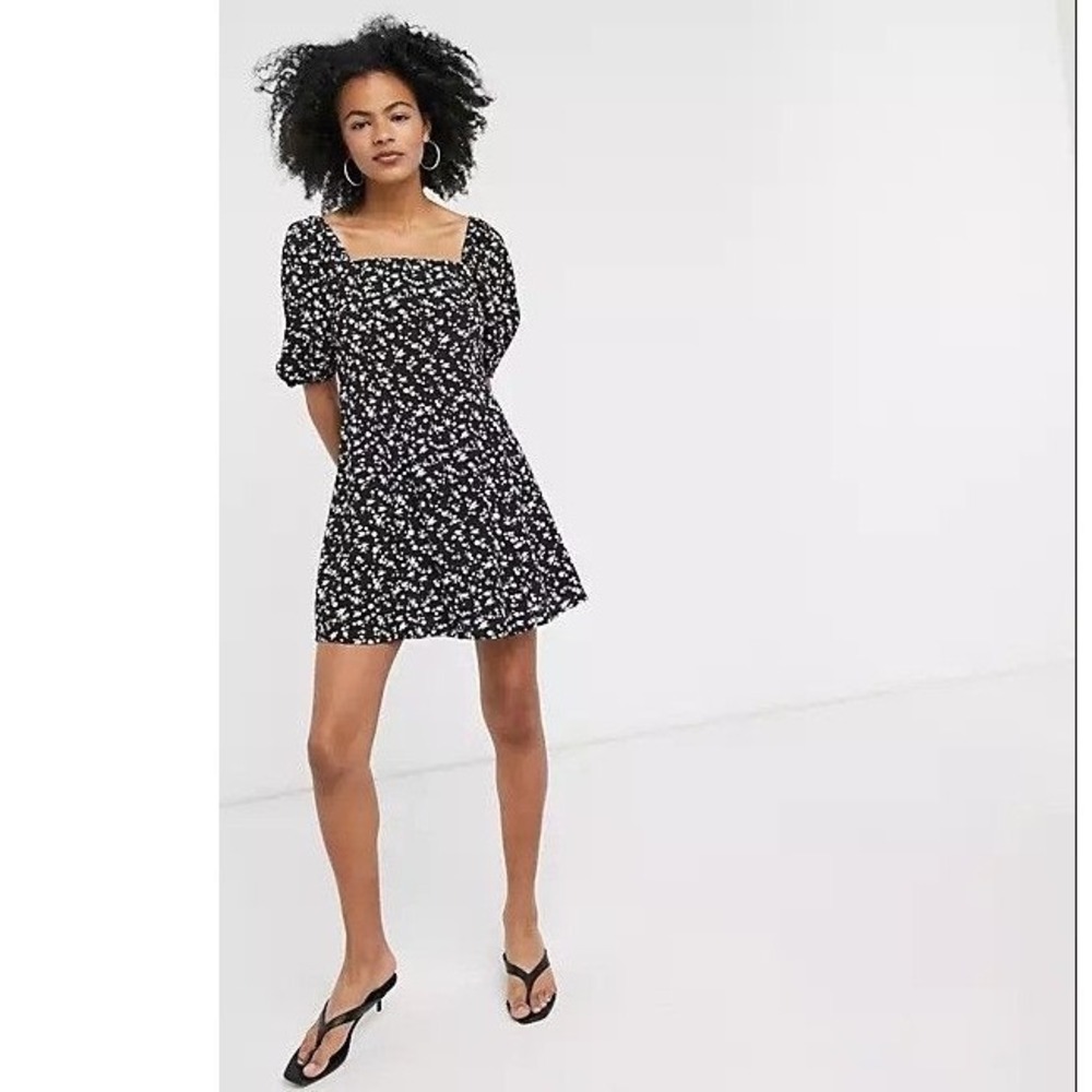 & Other Stories Black Floral Daisy Puff Sleeve Cutout Back Mini Dress Peasant 2